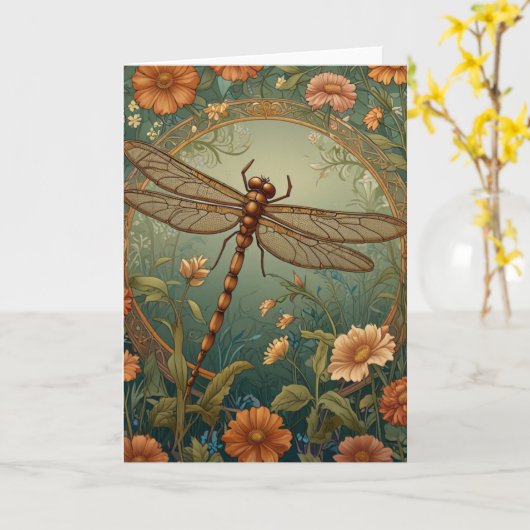 Elegant Art Nouveau Spring green Dragonfly Karte (Gelbe Blume)