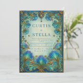 Elegant Art Nouveau Teal Floral Antique Wedding Einladung (Stehend Vorderseite)