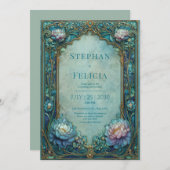 Elegant Art Nouveau Teal Floral Arched Wedding Einladung (Vorne/Hinten)