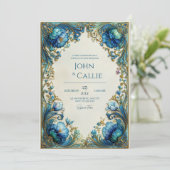 Elegant Art Nouveau Teal Floral Gilded Wedding Einladung (Stehend Vorderseite)