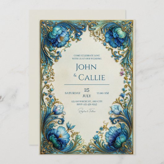 Elegant Art Nouveau Teal Floral Gilded Wedding Einladung (Vorne/Hinten)