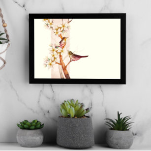 Elegant Asian Flower Watercolor Birds Poster
