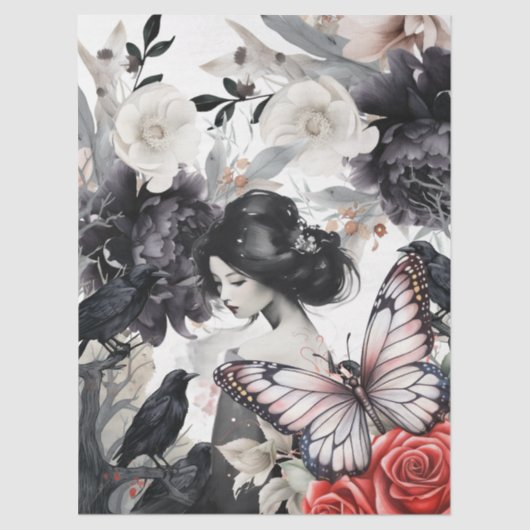 Elegant Asian Girl Raven Butterfly Decoupage Seidenpapier (Vorderseite)