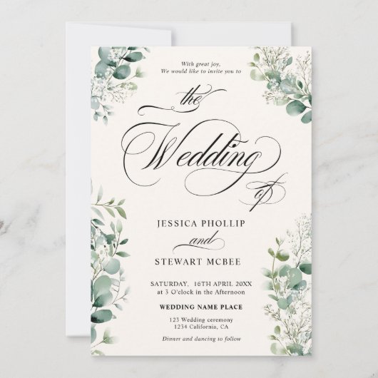 Elegant Atem Eukalyptus Greenerity Script Wedding Einladung (Rückseite)