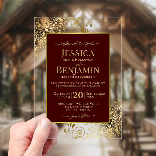 Elegant Auburn Brown & Gold Stylish Text Wedding Acryleinladungen