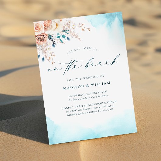 Elegant Auf der Blue Watercolor Hochzeit am Strand Einladung