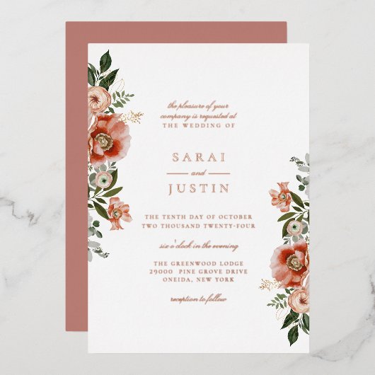 Elegant Autumn Botanical Floral Wedding Folieneinladung (Vorderseite/Rückseite)