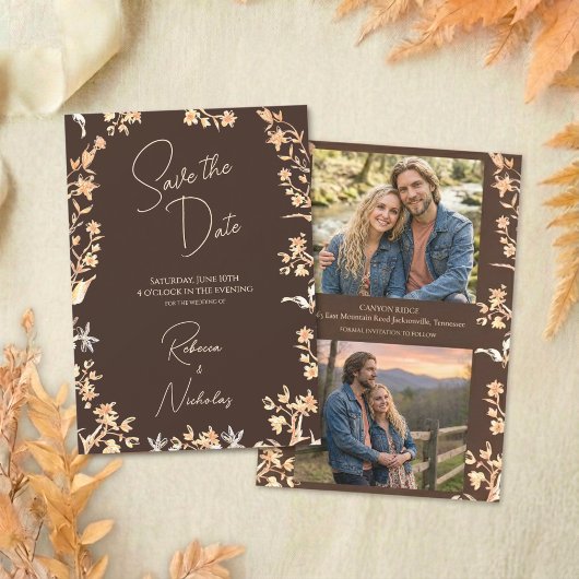 Elegant Autumn Copper Wildflowers Script 2 Photo Save The Date