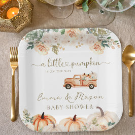Elegant Autumn Floral Pumpkin Truck Baby Shower Pappteller