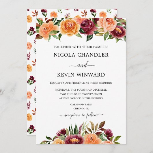 Elegant Autumn Floral Wedding Einladung (Vorne/Hinten)