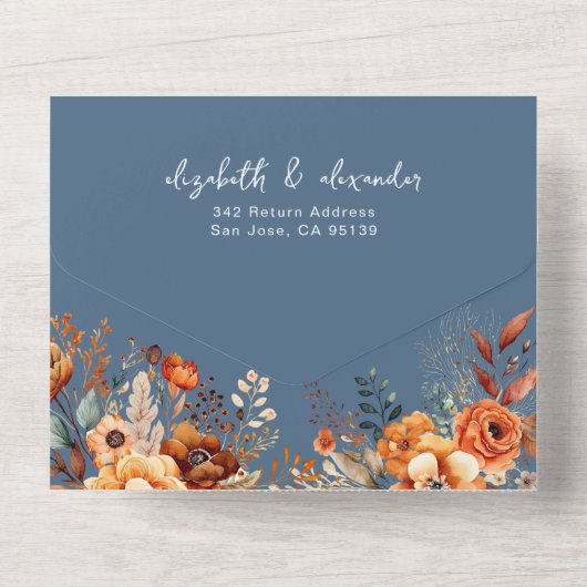 Elegant Autumnal Blumenblauer QR Code Hochzeit All In One Einladung (Rückseite)