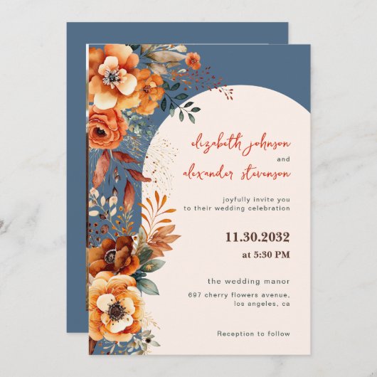 Elegant Autumnal Blumengarten Hochzeit 1 Foto Einladung (Vorne/Hinten)