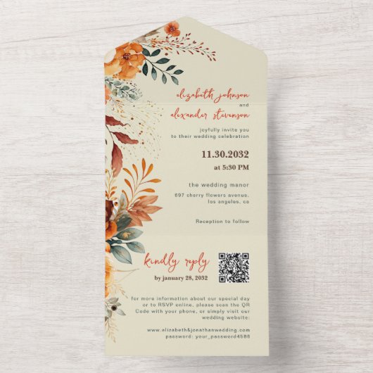 Elegant Autumnal Floral Hochzeit QR Code All In One Einladung (Innen Boden)