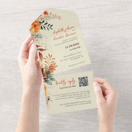 Elegant Autumnal Floral Hochzeit QR Code All In One Einladung