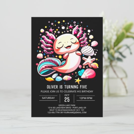 Elegant Axolotl Editable Birthday Einladung (Stehend Vorderseite)