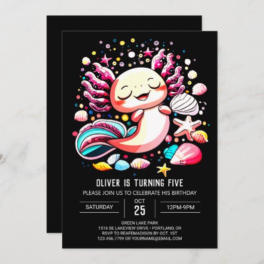 Elegant Axolotl Editable Birthday Einladung (Vorne/Hinten)