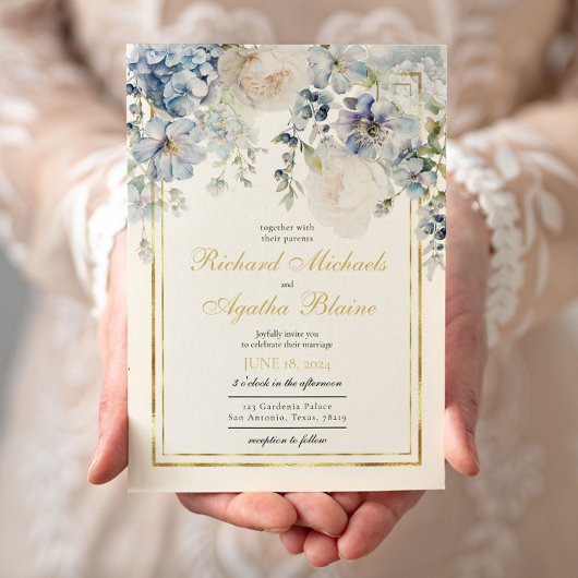 Elegant Azure Blue Floral Wedding Einladung