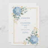 Elegant Azure Hydrangea Gold Frame Wedding Einladung (Vorne/Hinten)