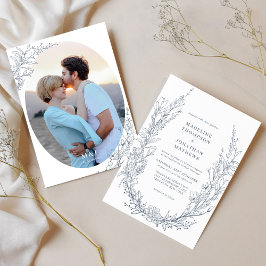Elegant Azure Ivory Floral Monogram Foto Wedding Einladung