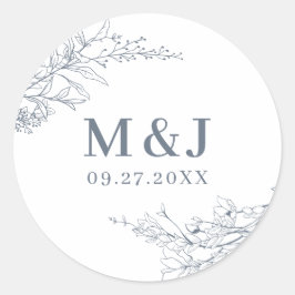Elegant Azure Ivory Floral Wreath Monogram Wedding Runder Aufkleber