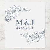 Elegant Azure Ivory Floral Wreath Monogram Wedding Weinetikett (Einzelnes Label)
