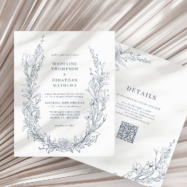 Elegant Azure Ivory Floral Wreath QR Code Wedding