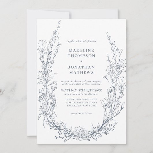 Elegant Azure Ivory Floral Wreath QR Code Wedding Einladung (Vorderseite)