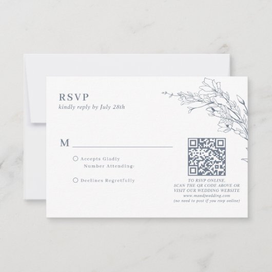 Elegant Azure Ivory Floral Wreath QR Code Wedding RSVP Karte (Vorderseite)