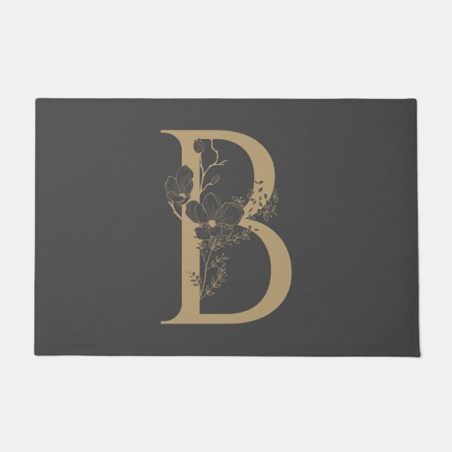 Elegant B Boho Floral Monogram Initial Gray Gold Fußmatte (Vorderseite)