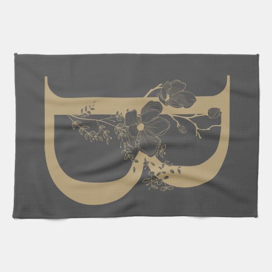 Elegant B Boho Floral Monogram Initial Gray Gold Geschirrtuch (Horizontal)