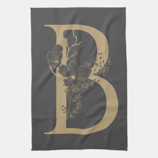 Elegant B Boho Floral Monogram Initial Gray Gold Geschirrtuch (Vertikal)