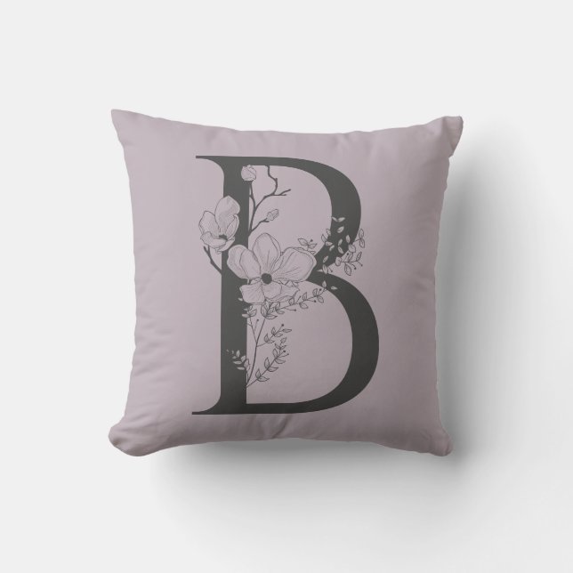 Elegant B Boho Floral Monogram Initial Lilac Gray Kissen (Vorderseite)