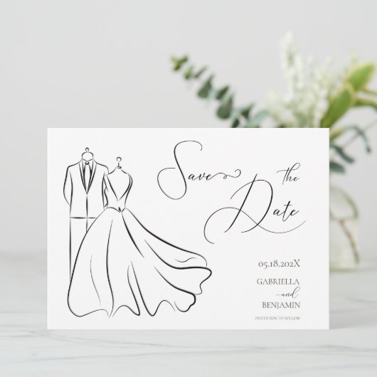 Elegant B&W Tux & Dress Hochzeit Save The Date (Stehend Vorderseite)