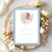 Elegant Baby Blue Bow Boy Photo Baptism Einladung