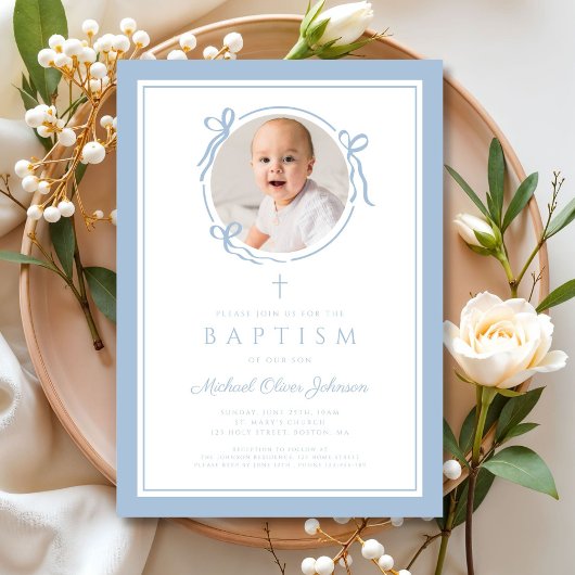 Elegant Baby Blue Bow Boy Photo Baptism Einladung