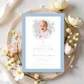 Elegant Baby Blue Bow Boy Photo Baptism Einladung