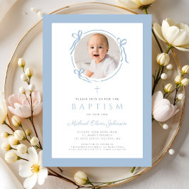 Elegant Baby Blue Bow Photo Baptism Einladung
