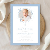 Elegant Baby Blue Bow Photo Baptism Einladung