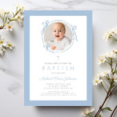 Elegant Baby Blue Bow Photo Baptism Einladung