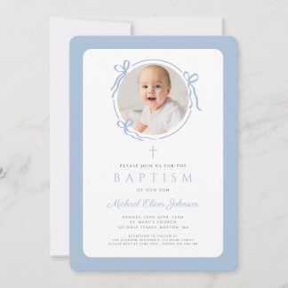 Elegant Baby Blue Bow Photo Boy Baptism Einladung