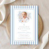 Elegant Baby Blue Bow Photo Boy Baptism Einladung