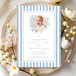 Elegant Baby Blue Bow Photo Boy Baptism Einladung