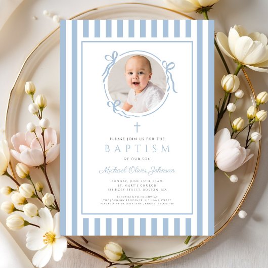 Elegant Baby Blue Bow Photo Boy Baptism Einladung