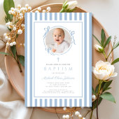 Elegant Baby Blue Bow Photo Boy Baptism Einladung
