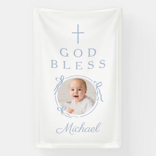 Elegant Baby Blue Boy God Bless Photo Banner (Vertikal)