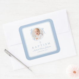 Elegant Baby Blue Boy Photo Baptism Quadratischer Aufkleber