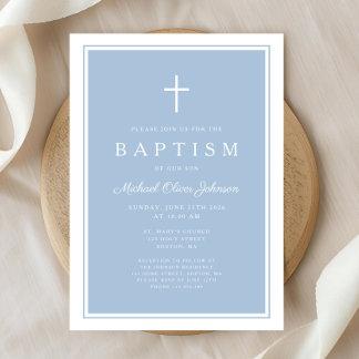 Elegant Baby Blue Cross Boy Baptism Einladung