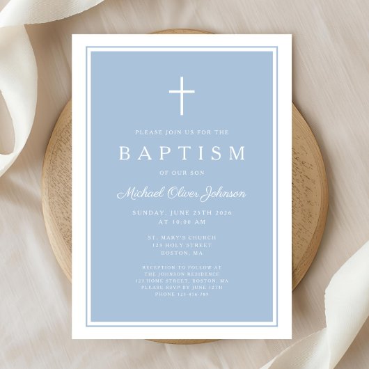 Elegant Baby Blue Cross Boy Baptism Einladung