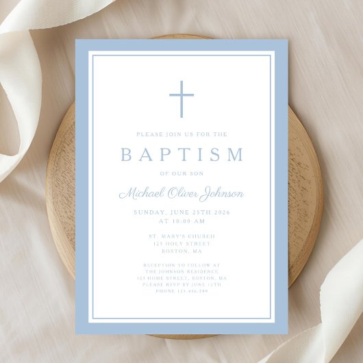 Elegant Baby Blue Cross Boy Baptism Einladung