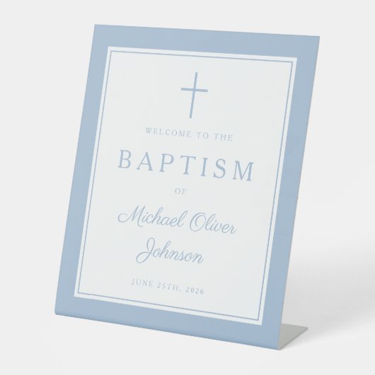 Elegant Baby Blue Cross Boy Baptism Welcome Sockelschild (Vorderseite)